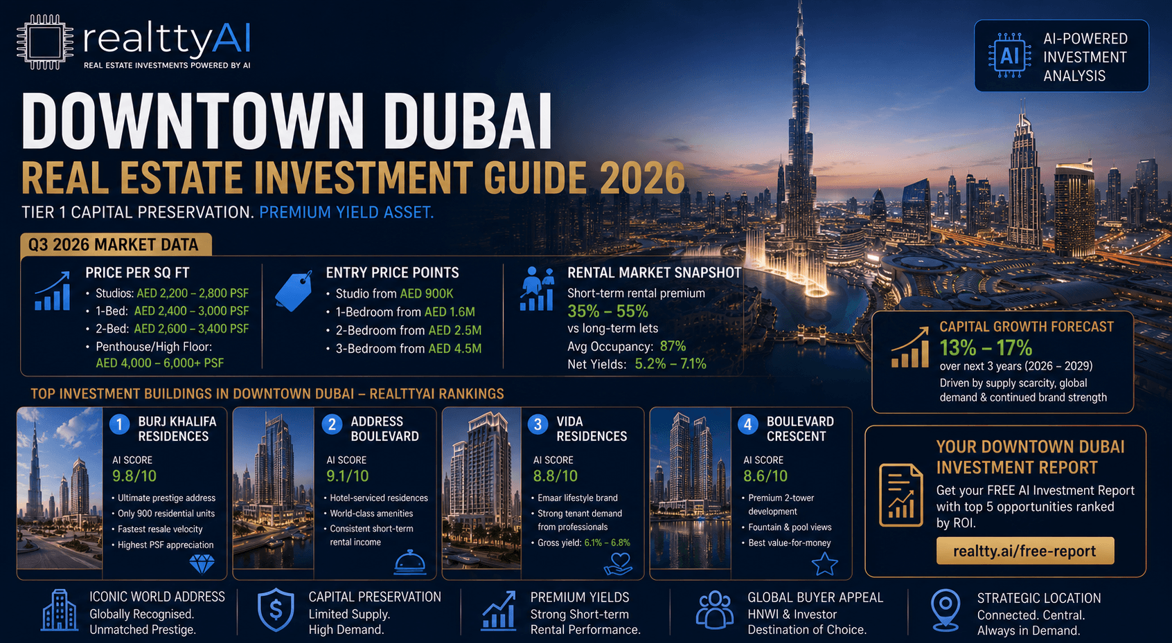 Downtown Dubai Real Estate Investment Guide 2026 | realttyAI